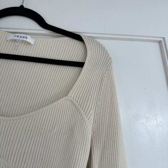 Frame Long Sleeve Top Rib Knit Fitted Scooped Square Neckline Size Small In Bone - Picture 7 of 10